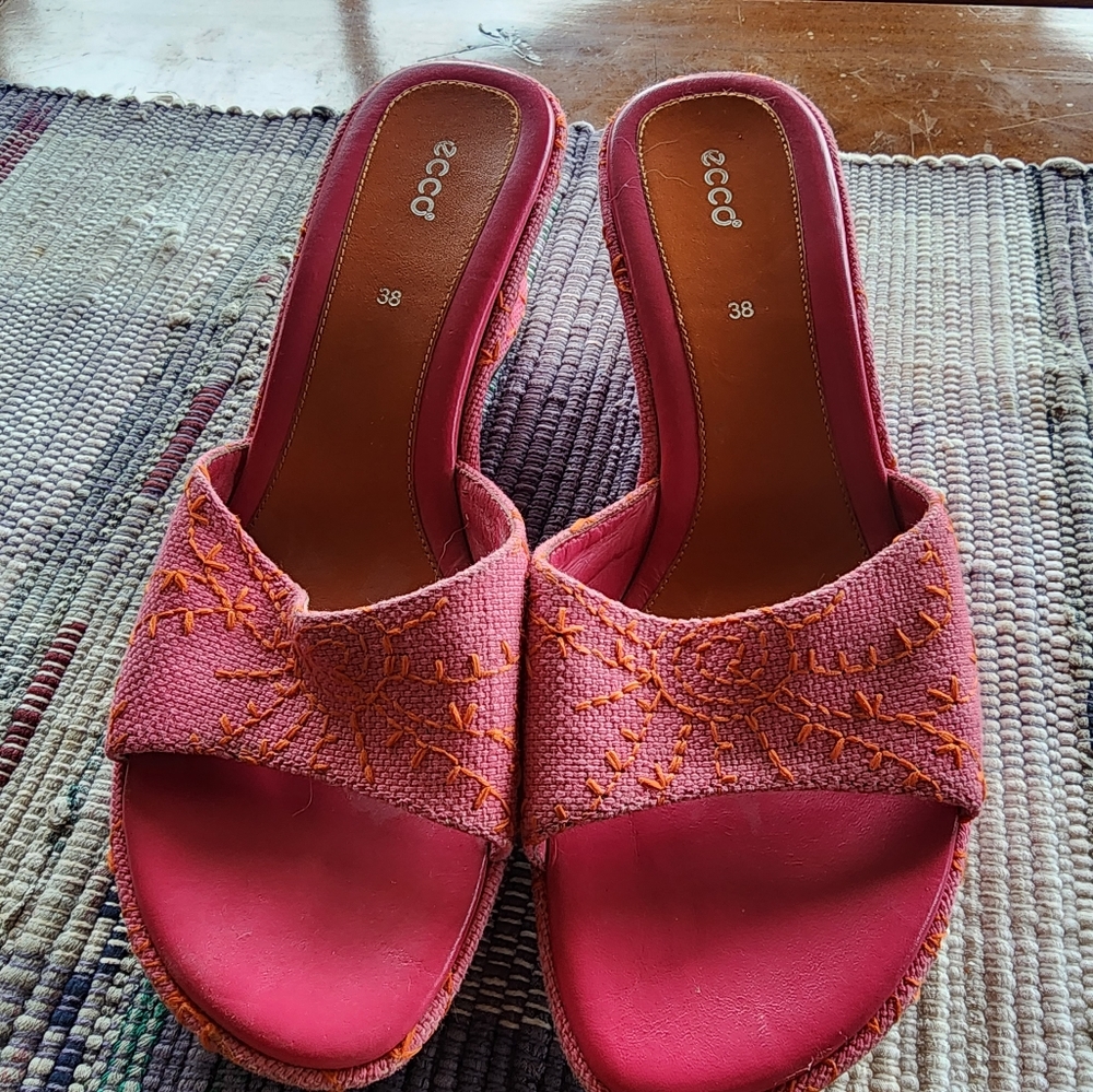 ECCO SLide Heeled Sandals Pink and Orange sz 38 - Picture 9 of 10